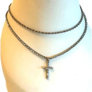 Women's Layered Double Strand Crystal Cross Necklace Religious Statement 19"